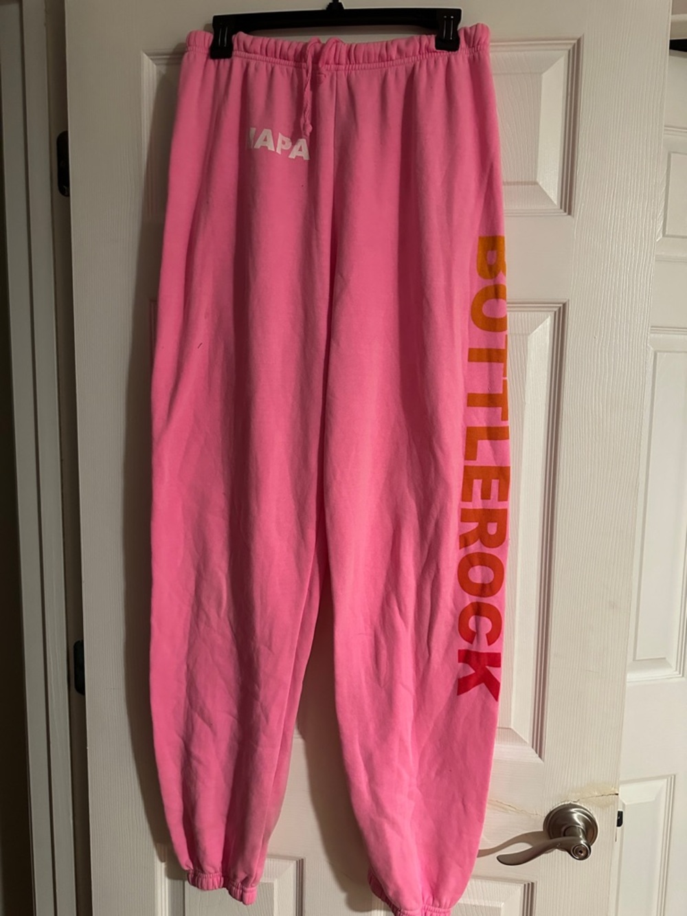 Aviator Nation Pink Sweatpants with Yellow-Orange 'BOTTLE ROCK' Side Print